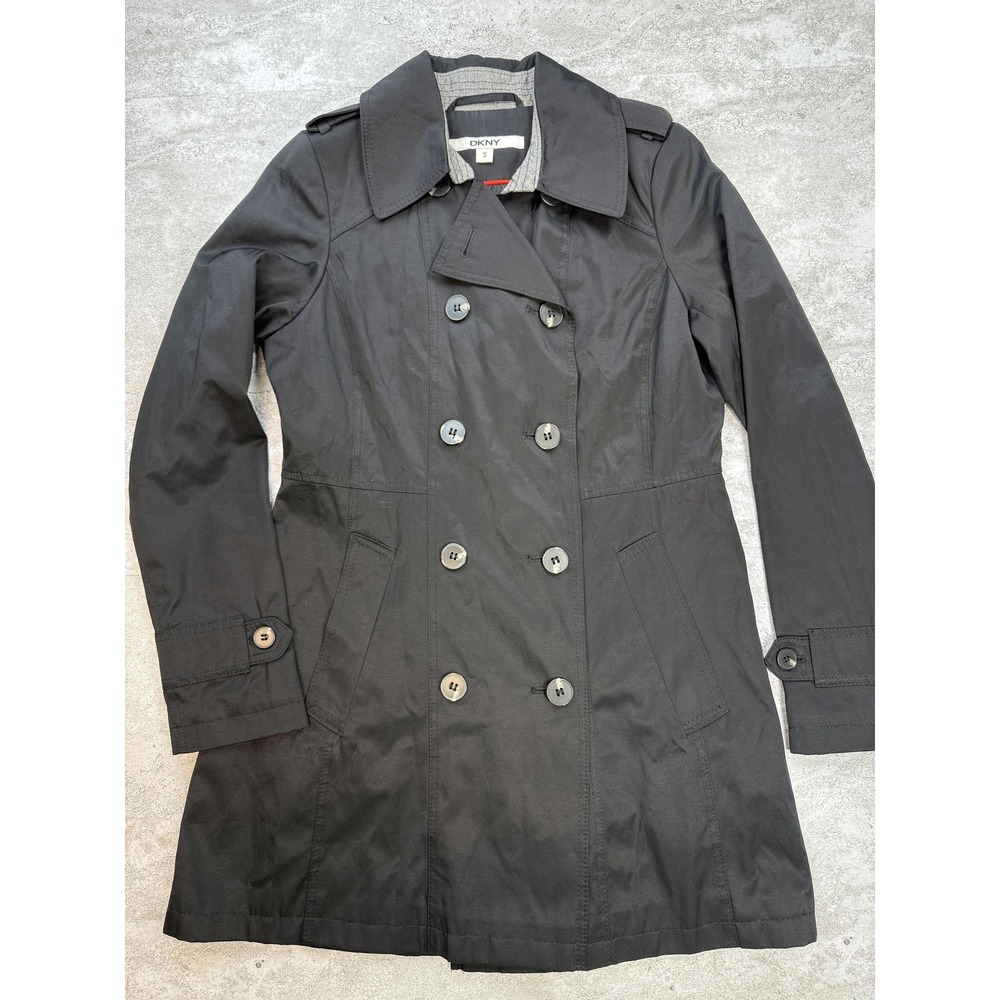 DKNY Trench Coat Womens Small Black Double Breasted‎ Long Button Jacket Pockets